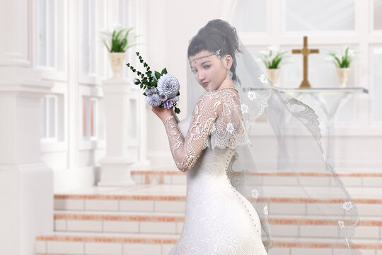 ベールをつけた純白のウエディングドレスを着た花嫁がウエディングチャペルの祭壇近くに立つ