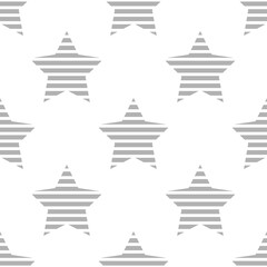 Seamless abstract pattern with grey striped stars. White background.