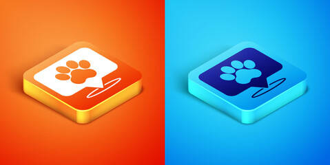 Isometric Map pointer with veterinary medicine hospital, clinic or pet shop for animals icon isolated on orange and blue background. Veterinarian clinic. Vector