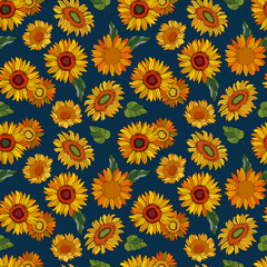 Sunflowers with leaves. Seamless pattern on light blue background. Cartoon style illustration. Stock Illustration. Design for textiles, fabric, wallpapers, packaging, floristry, website.	