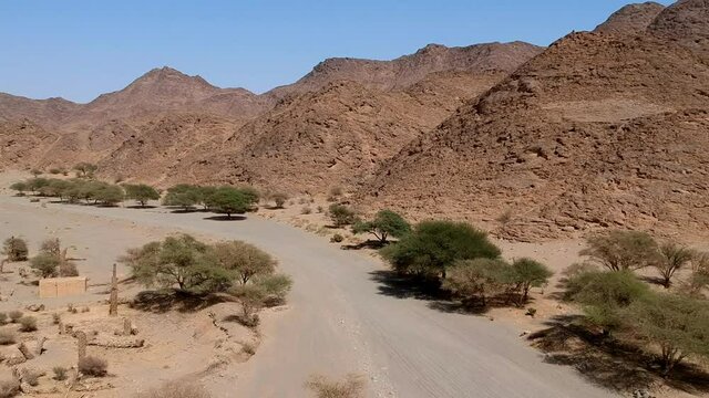 Aerial view from a drone flying over the north entrance of  Wadi Massal, an archeological site in Saudi Arabia