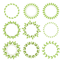 Set round frames with green leaves. Template, place for text, design of cards, banners. Green tea leaves, matcha. Healthy lifestyle, ecology, spring frame. Illustration in flat style