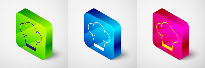 Isometric Chef hat icon isolated on grey background. Cooking symbol. Cooks hat. Square button. Vector