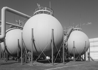 Ball air gasholder of the control and measuring device. Black and White photo