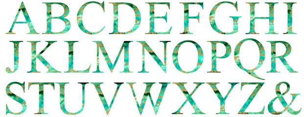 green gold hand drawn alphabet with jade texture