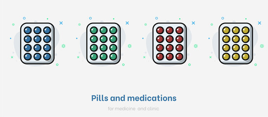 Set of pills. Flat medications collection isolated on white background. Pills set for medicine and clinic. Vector medical capsule drug for healthcare, pharmacy and illnes. Colorful pill vector