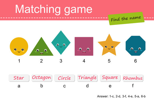 Matching game for children. Find correct name for geometric shapes. Vector illustration