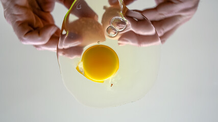 Cracking chicken egg with yolk and albumen on transparent surface and white background.