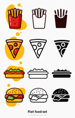 Flat fast food set on yellow background. Vibrant colorful meal vector in flat style. Fastfood vector collection for menu and restaurant. Pizza, burger, hot dog and french fries flat vector set. Icon