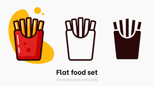 Flat fries vector illustration set. French fries vector set for restaurant, dinner and menu. Bright colorful fries on yellow background with vibrant and bright colors. Potato vector logo template set