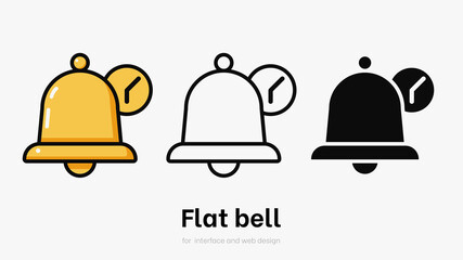 Flat bell with clock vector illustration set. Bell set for ui and smartphone. Set of bell symbols  with alarm clock