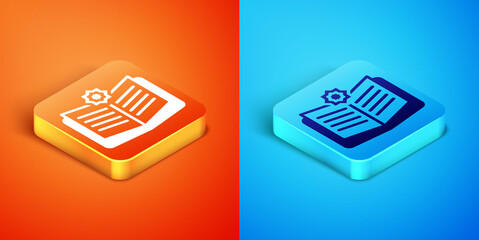 Isometric Holy book of Koran icon isolated on orange and blue background. Muslim holiday, Eid Mubarak, Eid al-fitr, Ramadan Kareem. Vector