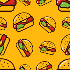 Burger semaless pattern on yellow background. Vibrant colorful burger vector pattern in flat style. Hamburger seamless pattern for wrapping, texture and print. Background for cafe and fastfood