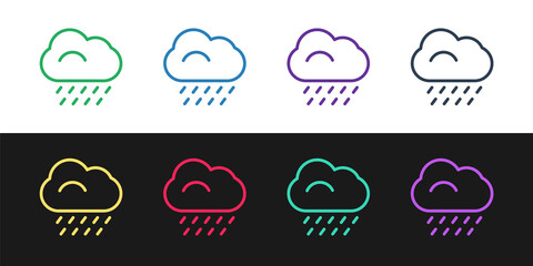 Set line Cloud with rain icon isolated on black and white background. Rain cloud precipitation with rain drops. Vector Illustration