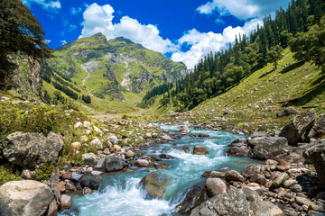 Mountain river in the mountains. The beautiful river flowing between alpine meadows in the lap of Himalaya, Parvati valley, trek to Hamta Pass, 4270 m in Parvati valley in Himalaya, India. 