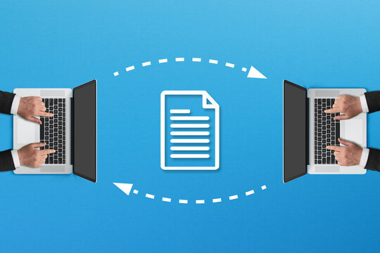 File sharing concept, busines people working laptop with file icon on blue background