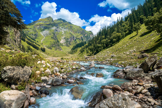Mountain river in the mountains. The beautiful river flowing between alpine meadows in the lap of Himalaya, Parvati valley, trek to Hamta Pass, 4270 m in Parvati valley in Himalaya, India. 