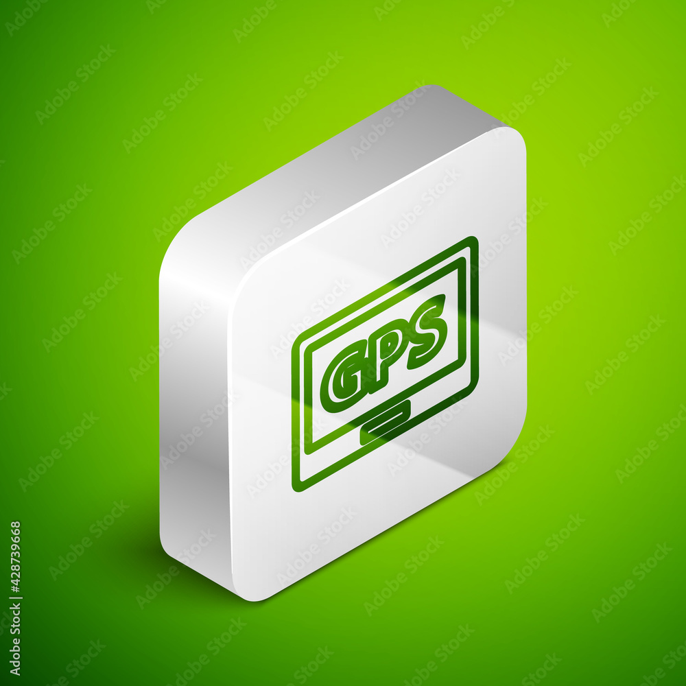 Poster isometric line gps device with map icon isolated on green background. silver square button. vector i