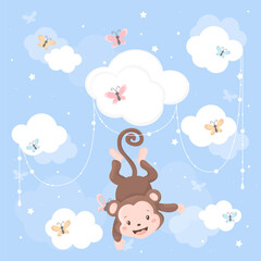 Cute Baby Monkey On A Cloud. Cartoon Vector Card. Chinese Calendar Symbol.