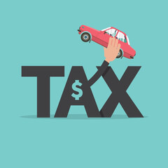 Fototapeta na wymiar Tax Word Letter With a Person Holding a Car It is the Concept of Paying Car Tax. Vector Illustration