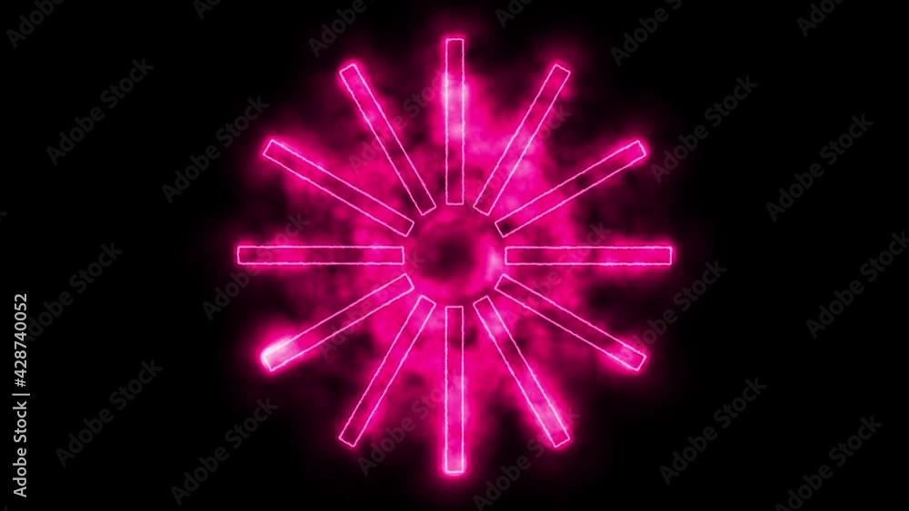 Poster linear neon animation of pink circle figure with rectangles sign with dynamic smoke on black backgro