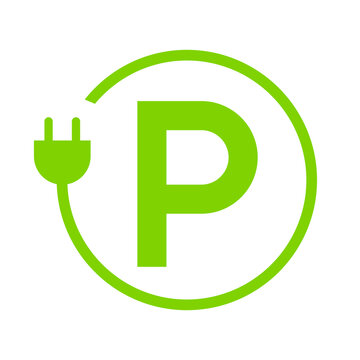 Letter P with plug icon, Green electric vehicle parking sign, Electric car charging point, Parking space for Eco friendly hybrid cars, Vector illustration