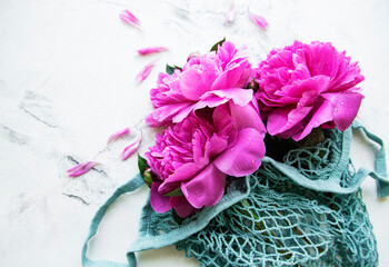 Mesh bag with peony flowers