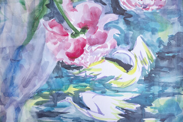Couple of swans on water surface with brush strokes haze ripple texture. Summer night on a lake color of season 2022. Transparent watercolor veil and peonies.