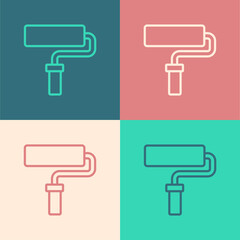Pop art line Paint roller brush icon isolated on color background. Vector