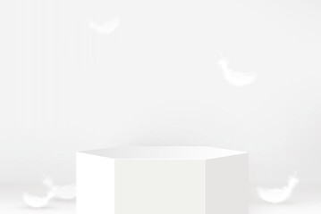 3D stage podium mockup with feathers on white color background for cosmetic and product display, vector illustration