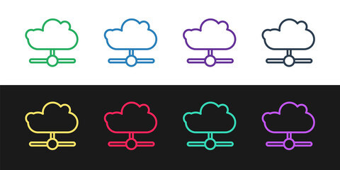Set line Network cloud connection icon isolated on black and white background. Social technology. Cloud computing concept. Vector