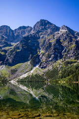 A landscape of a crystal clear lake in the mountains