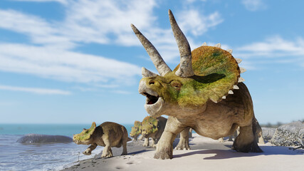 Triceratops horridus group, herd of dinosaurs enjoying the beach © dottedyeti
