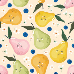 Obraz na płótnie Canvas Kawaii pears seamless pattern for kids. Cute fruit characters background for textile, baby clothes, decorative paper. Cartoon vector