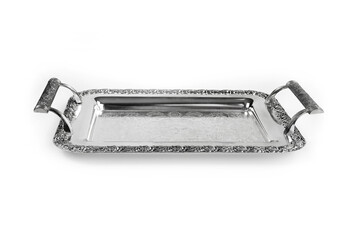 Antique silver tray with handles. Old luxury tray isolated on white background with clipping path....