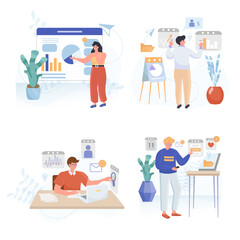 Business process concept scenes set. Team analysts research statistics, company data, financial strategy diagram. Collection of people activities. Vector illustration of characters in flat design