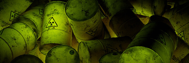 radioactive waste in barrels, pile of nuclear trash, background banner © dottedyeti