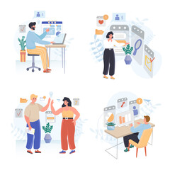 Fototapeta na wymiar Business process concept scenes set. Analysts research statistics, company analytics, management, marketing strategy. Collection of people activities. Vector illustration of characters in flat design