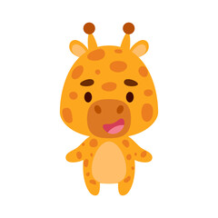 Cute little giraffe on white background. Cartoon animal character for kids cards, baby shower, birthday invitation, house interior. Bright colored childish vector illustration.