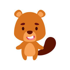 Cute little beaver on white background. Cartoon animal character for kids cards, baby shower, birthday invitation, house interior. Bright colored childish vector illustration.