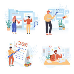 Journalism concept scenes set. Journalist writes article, online media publish post, news on publication website. Collection of people activities. Vector illustration of characters in flat design