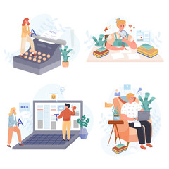 Journalism concept scenes set. Journalist writing article, publishing editor working, online media posting news. Collection of people activities. Vector illustration of characters in flat design