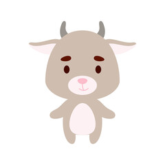 Cute little goat on white background. Cartoon animal character for kids cards, baby shower, birthday invitation, house interior. Bright colored childish vector illustration.