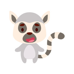 Fototapeta na wymiar Cute little lemur on white background. Cartoon animal character for kids cards, baby shower, birthday invitation, house interior. Bright colored childish vector illustration.