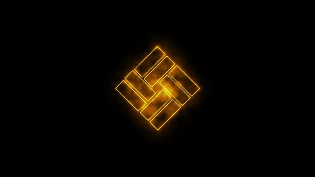 Linear neon animation of yellow parquet with dynamic smoke on black background. Motion graphic, 4K video