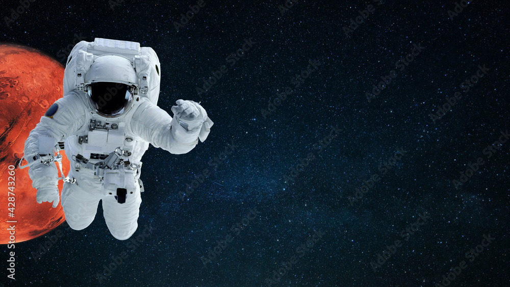 Poster space man in space suit flies in starry space with red planet mars, copy space for text and design. 
