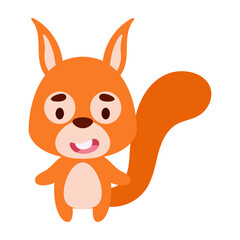 Cute little squirrel on white background. Cartoon animal character for kids cards, baby shower, birthday invitation, house interior. Bright colored childish vector illustration.