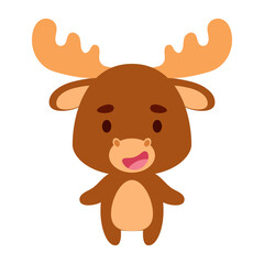 Cute little moose on white background. Cartoon animal character for kids cards, baby shower, birthday invitation, house interior. Bright colored childish vector illustration.