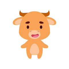 Cute little yak on white background. Cartoon animal character for kids cards, baby shower, birthday invitation, house interior. Bright colored childish vector illustration.