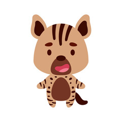 Cute little hyena on white background. Cartoon animal character for kids cards, baby shower, birthday invitation, house interior. Bright colored childish vector illustration.